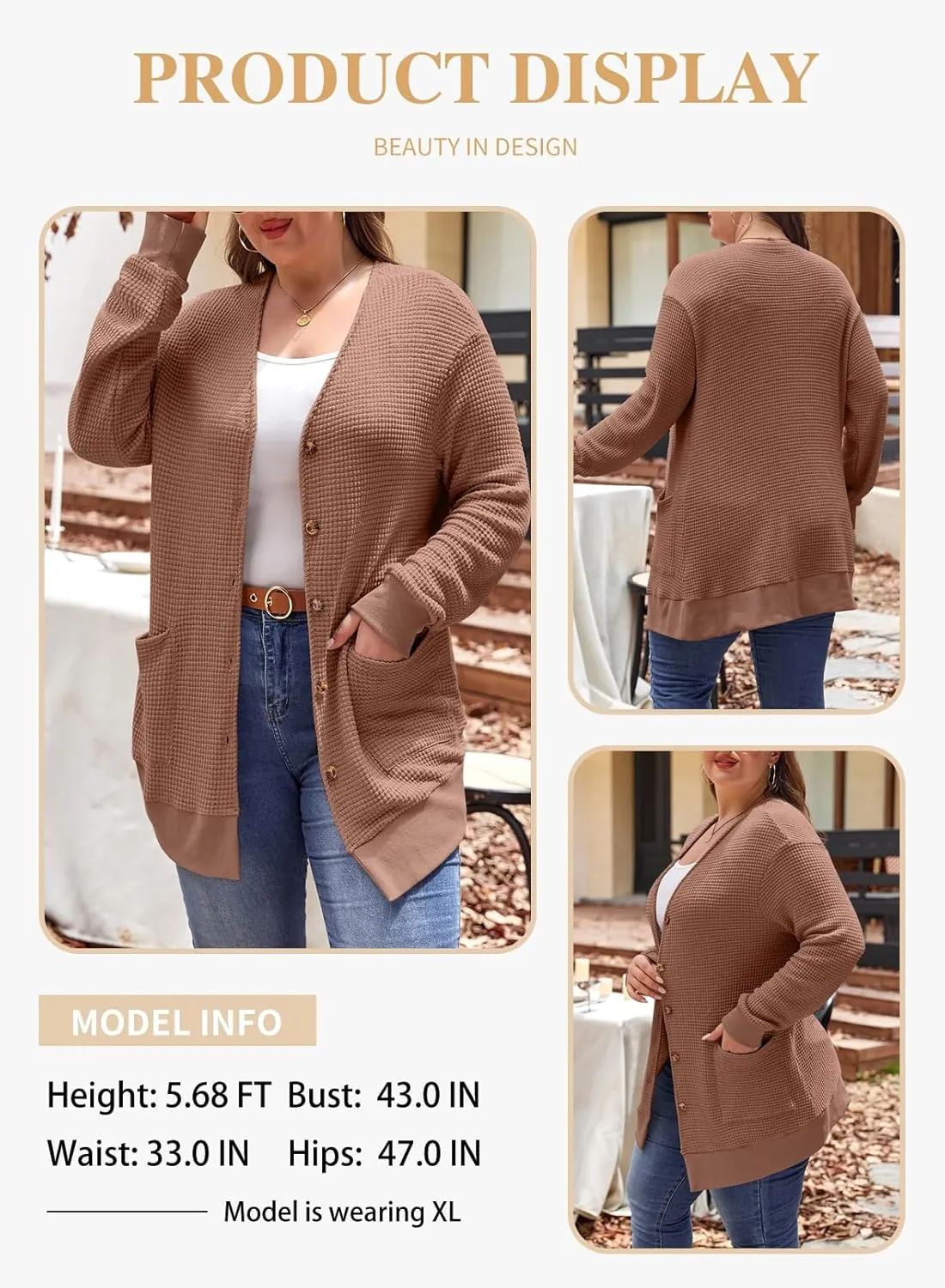 Eytino Womens Plus Size Cardigans Casual Long Sleeve Waffle Knit Front Button Tops(1X-5X)
