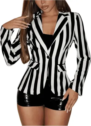 Floerns Women's Striped Lapel Neck Long Sleeve Blazers Button Office Blazer Jacket