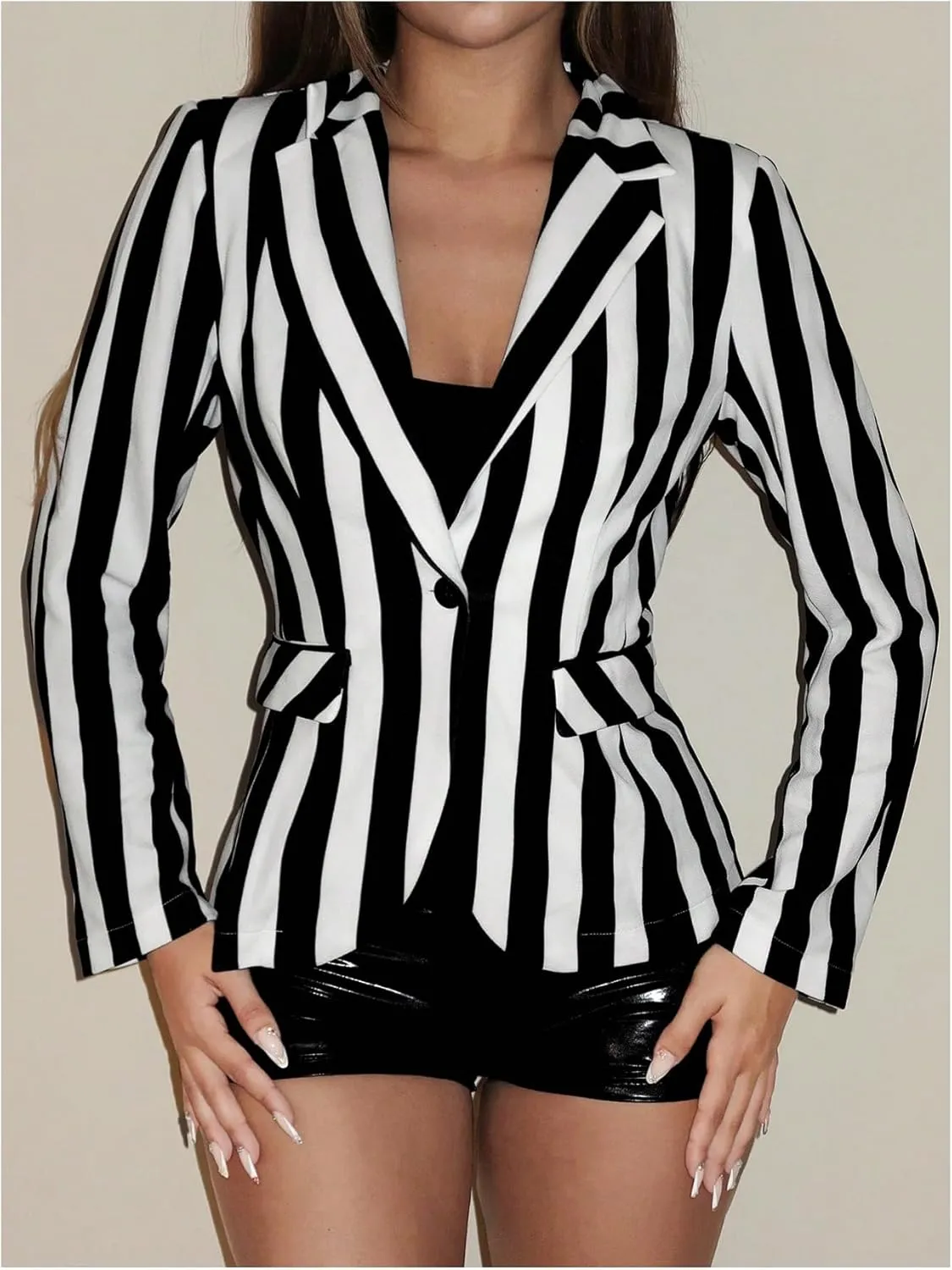 Floerns Women's Striped Lapel Neck Long Sleeve Blazers Button Office Blazer Jacket