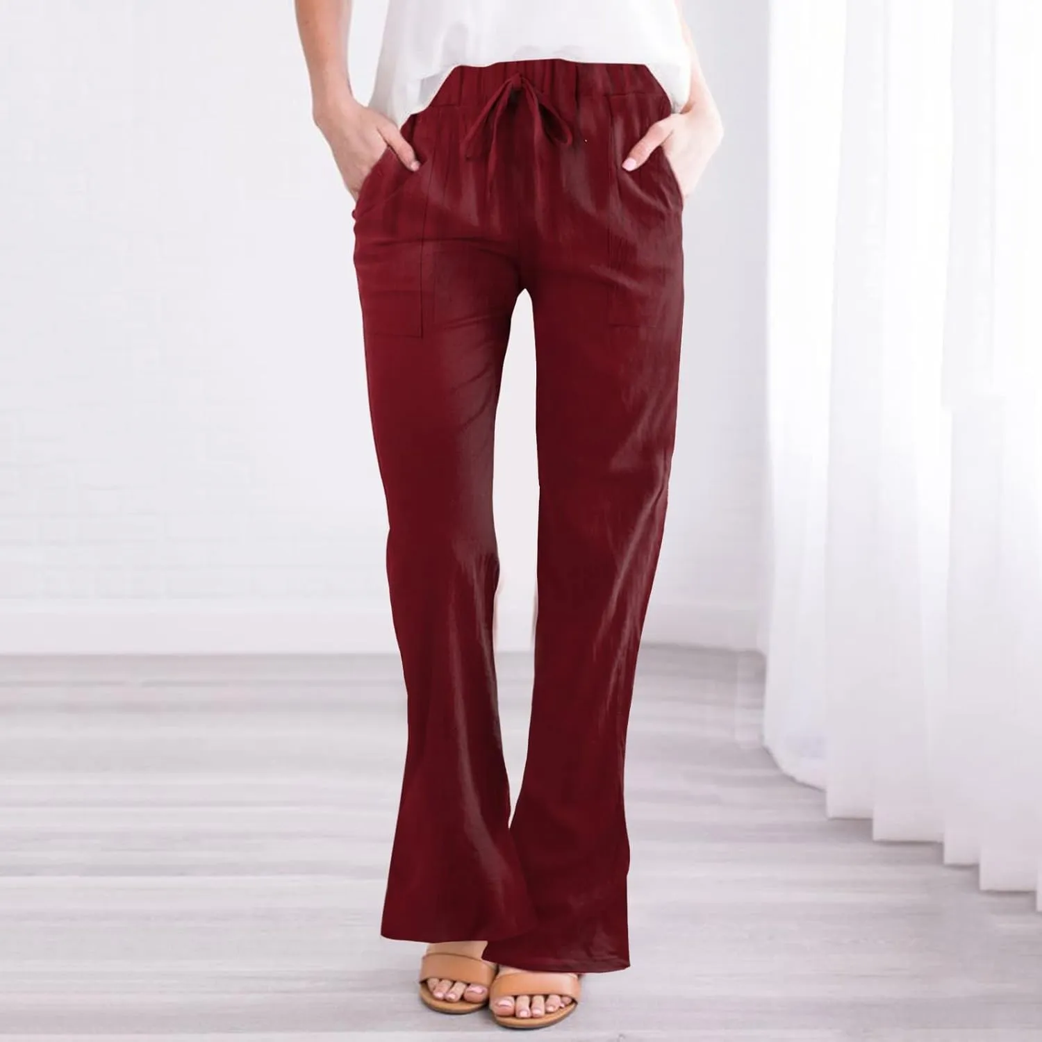 FZVYD Linen Pants for Women 2023 Summer Casual Loose Drawstring Elastic High Waist Comfy Trousers Straight Leg Lounge Pants