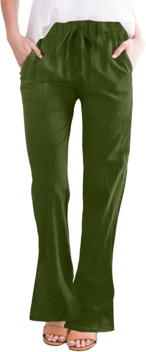 FZVYD Linen Pants for Women 2023 Summer Casual Loose Drawstring Elastic High Waist Comfy Trousers Straight Leg Lounge Pants