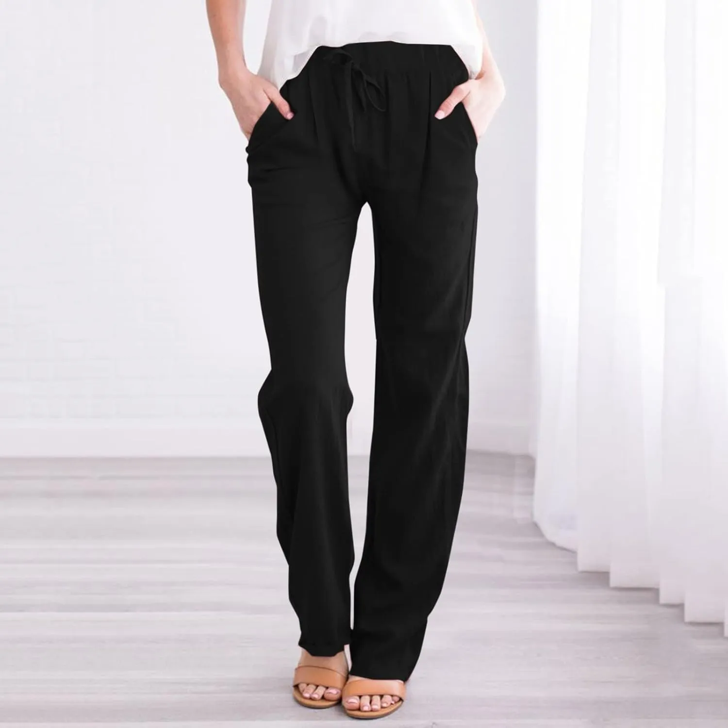 FZVYD Linen Pants for Women 2023 Summer Casual Loose Drawstring Elastic High Waist Comfy Trousers Straight Leg Lounge Pants