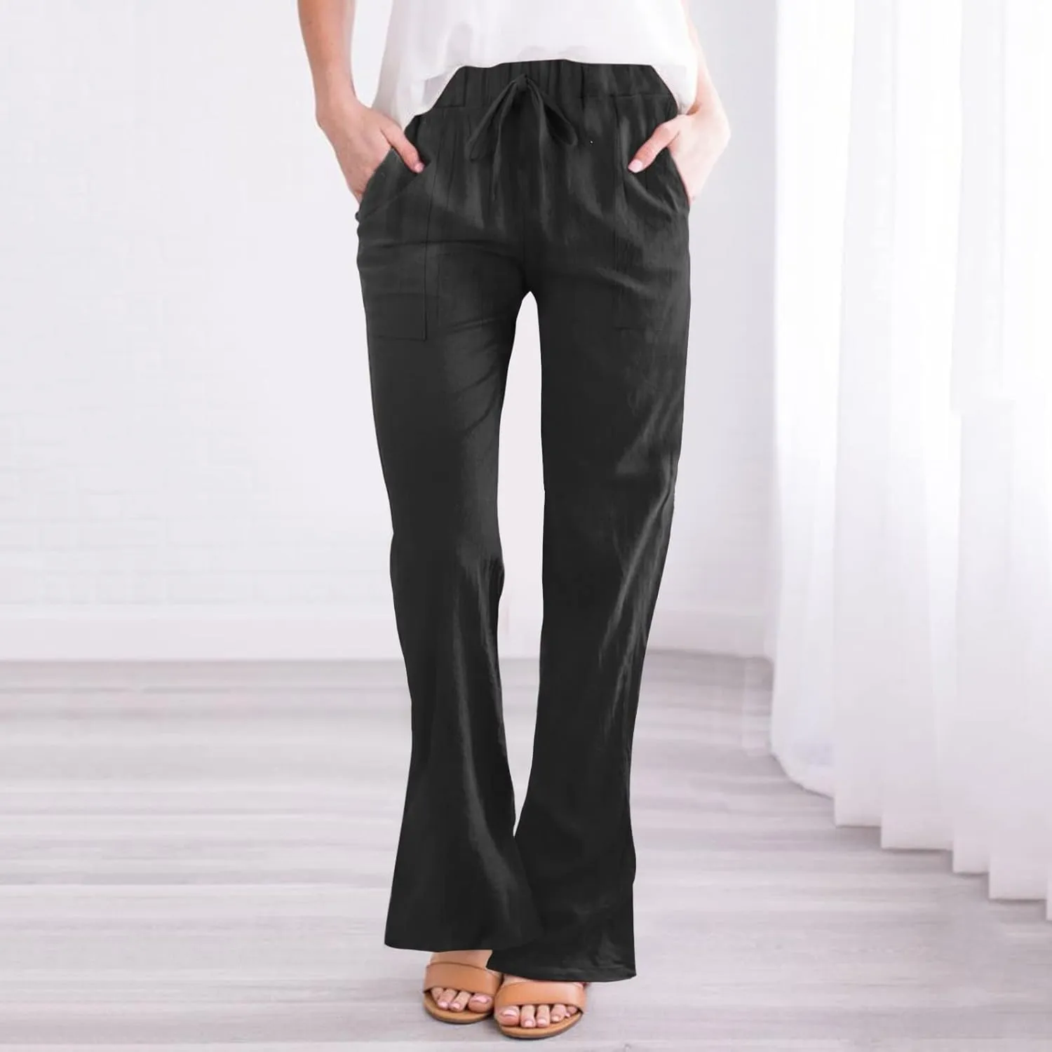 FZVYD Linen Pants for Women 2023 Summer Casual Loose Drawstring Elastic High Waist Comfy Trousers Straight Leg Lounge Pants