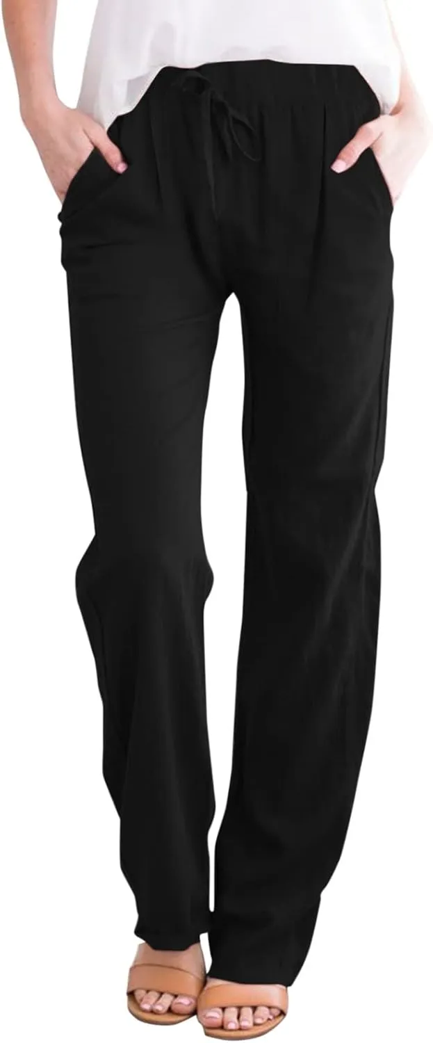 FZVYD Linen Pants for Women 2023 Summer Casual Loose Drawstring Elastic High Waist Comfy Trousers Straight Leg Lounge Pants