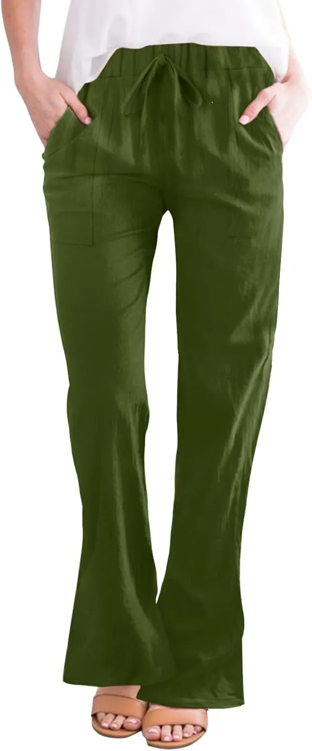FZVYD Linen Pants for Women 2023 Summer Casual Loose Drawstring Elastic High Waist Comfy Trousers Straight Leg Lounge Pants