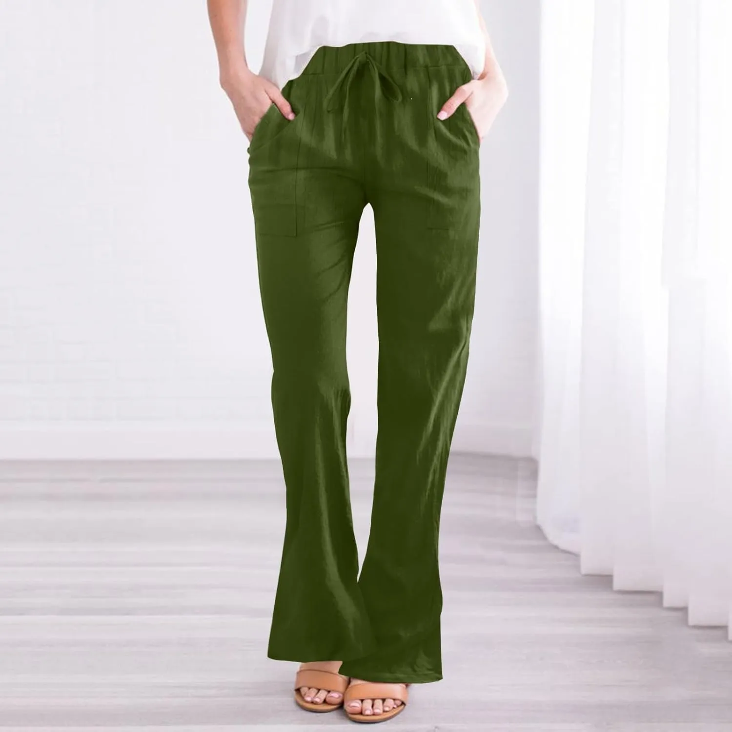 FZVYD Linen Pants for Women 2023 Summer Casual Loose Drawstring Elastic High Waist Comfy Trousers Straight Leg Lounge Pants