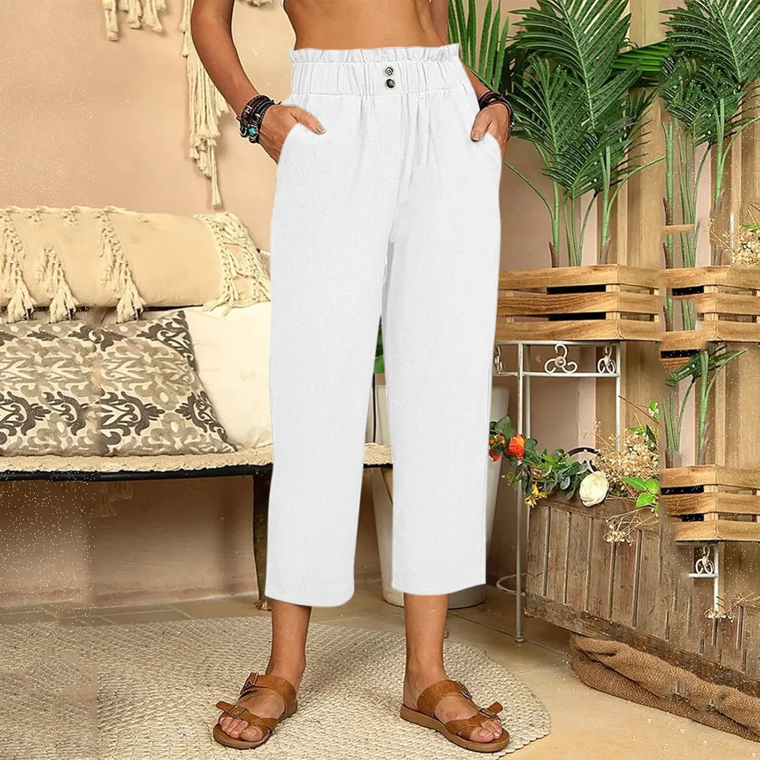 FZVYD Pants for Women Casual 2023 Summer Drawstring Elastic High Waist Linen Palazzo Pant Loose Straight Wide Leg Trousers