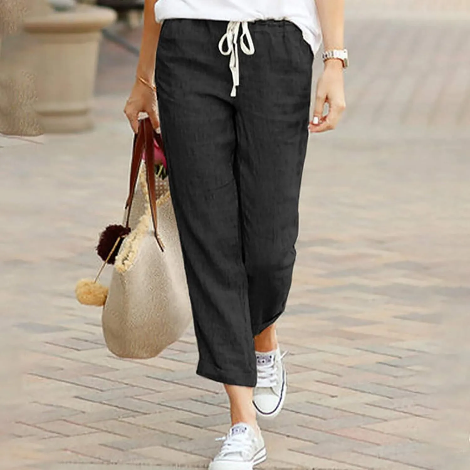 FZVYD Pants for Women Casual 2023 Summer Drawstring Elastic High Waist Linen Palazzo Pant Loose Straight Wide Leg Trousers