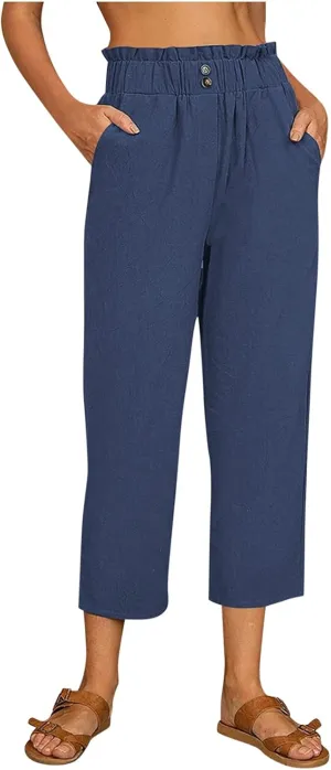 FZVYD Pants for Women Casual 2023 Summer Drawstring Elastic High Waist Linen Palazzo Pant Loose Straight Wide Leg Trousers