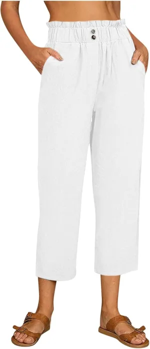 FZVYD Pants for Women Casual 2023 Summer Drawstring Elastic High Waist Linen Palazzo Pant Loose Straight Wide Leg Trousers