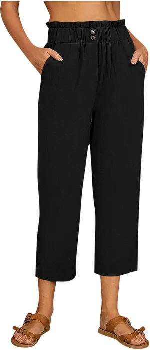 FZVYD Pants for Women Casual 2023 Summer Drawstring Elastic High Waist Linen Palazzo Pant Loose Straight Wide Leg Trousers