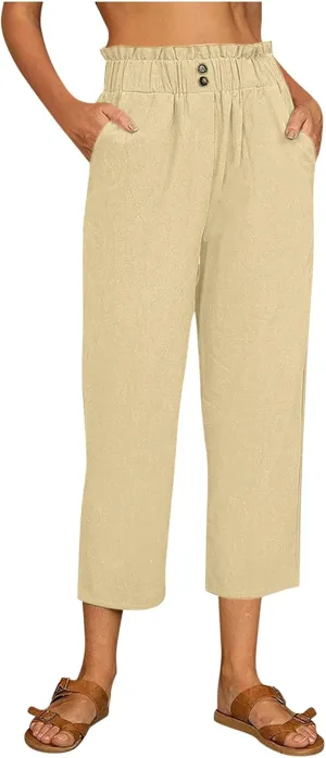 FZVYD Pants for Women Casual 2023 Summer Drawstring Elastic High Waist Linen Palazzo Pant Loose Straight Wide Leg Trousers