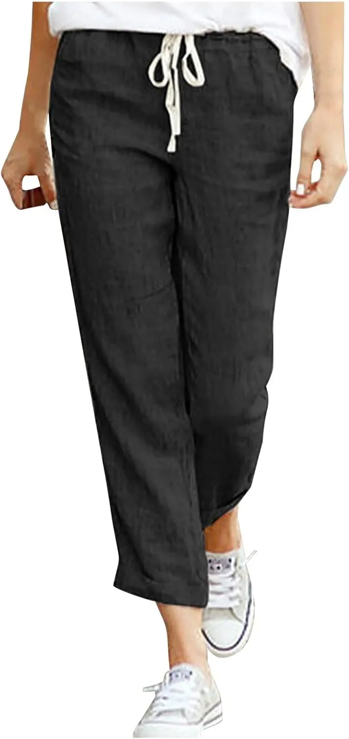 FZVYD Pants for Women Casual 2023 Summer Drawstring Elastic High Waist Linen Palazzo Pant Loose Straight Wide Leg Trousers
