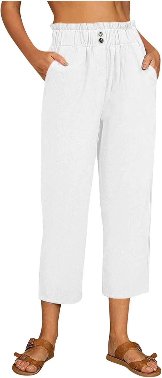 FZVYD Pants for Women Casual 2023 Summer Drawstring Elastic High Waist Linen Palazzo Pant Loose Straight Wide Leg Trousers