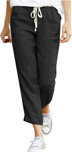 FZVYD Pants for Women Casual 2023 Summer Drawstring Elastic High Waist Linen Palazzo Pant Loose Straight Wide Leg Trousers