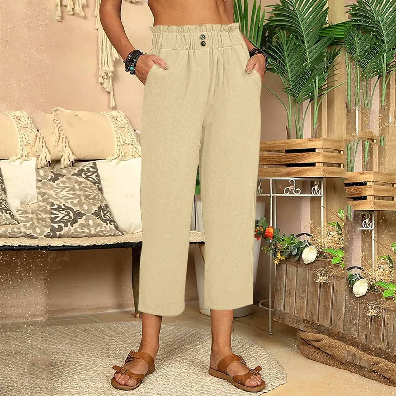 FZVYD Pants for Women Casual 2023 Summer Drawstring Elastic High Waist Linen Palazzo Pant Loose Straight Wide Leg Trousers