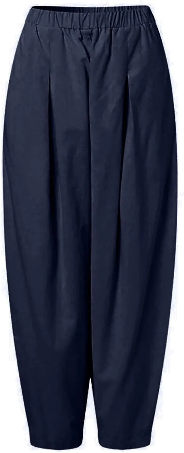 FZVYD Women's Linen Pants 2023 Summer Casual Elastic High Waist Trousers Lounge Baggy Solid Color Sweatpants with Pockets