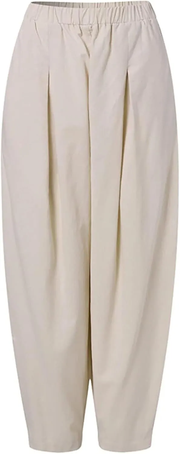 FZVYD Women's Linen Pants 2023 Summer Casual Elastic High Waist Trousers Lounge Baggy Solid Color Sweatpants with Pockets