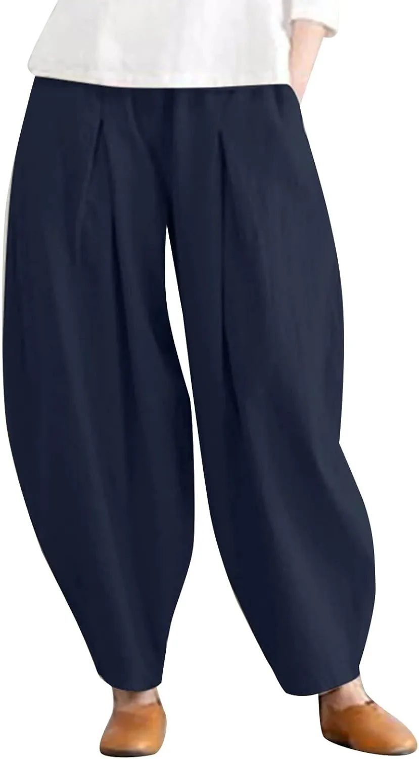 FZVYD Women's Linen Pants 2023 Summer Casual Elastic High Waist Trousers Lounge Baggy Solid Color Sweatpants with Pockets