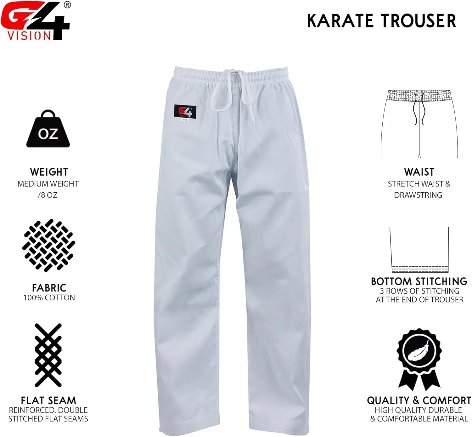 G4 VISION Karate Trousers Martial Arts Karate Pants Student Cotton GI Aikido Kids Pant Kung Fu Adults Kimono Trousers
