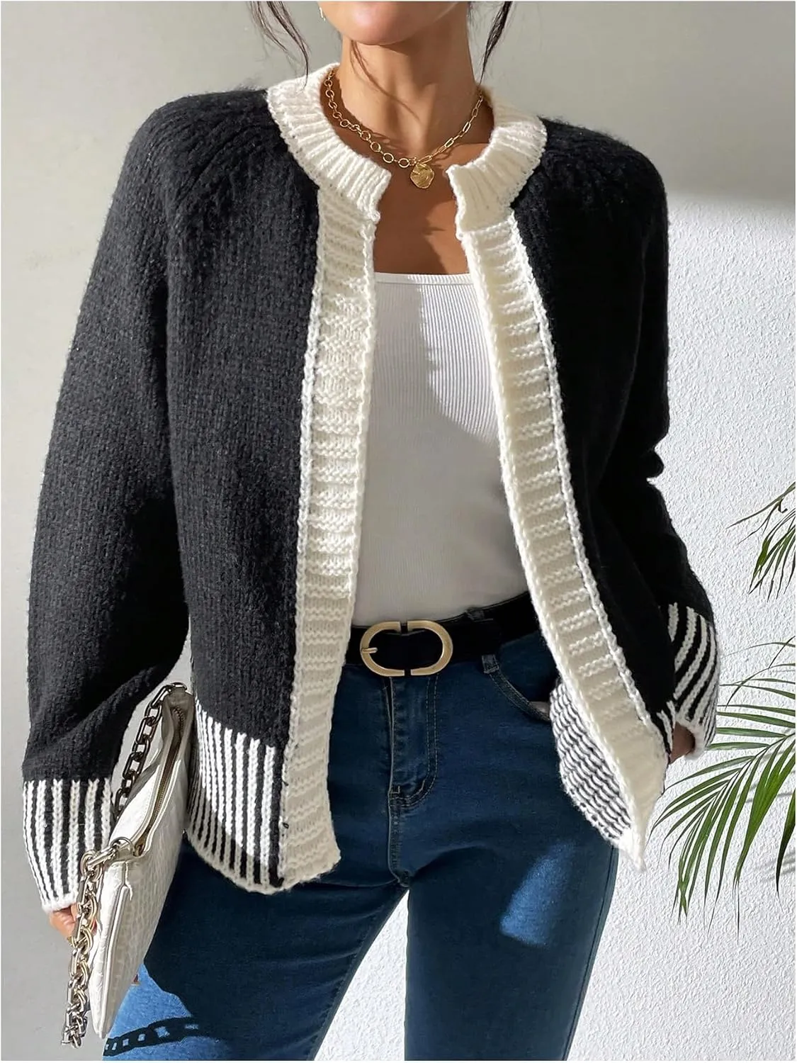 GORGLITTER Women's Color Block Cardigan Sweaters Open Front Long Sleeve Trendy Fall Cardigans