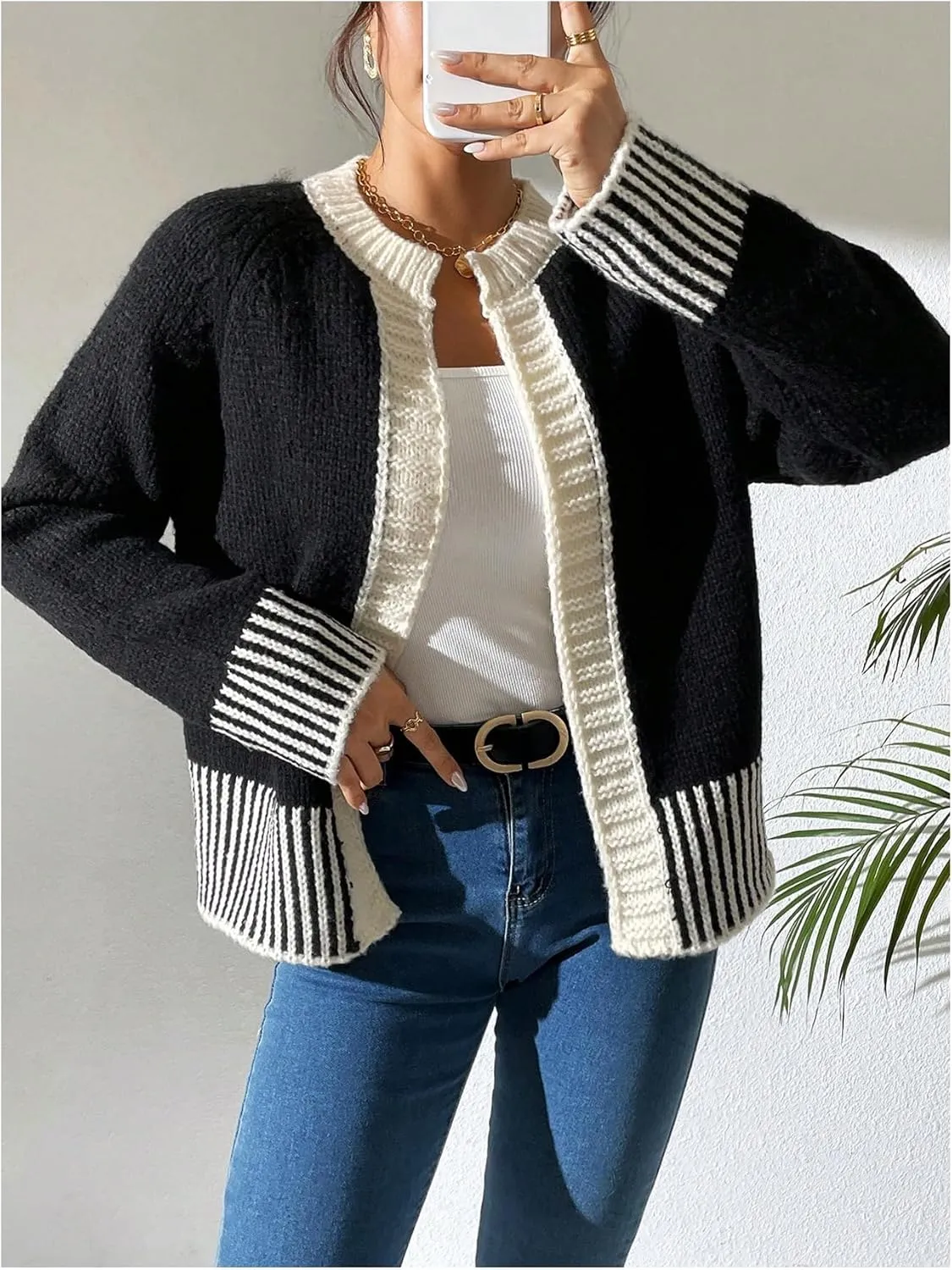 GORGLITTER Women's Color Block Cardigan Sweaters Open Front Long Sleeve Trendy Fall Cardigans