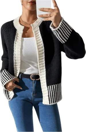 GORGLITTER Women's Color Block Cardigan Sweaters Open Front Long Sleeve Trendy Fall Cardigans