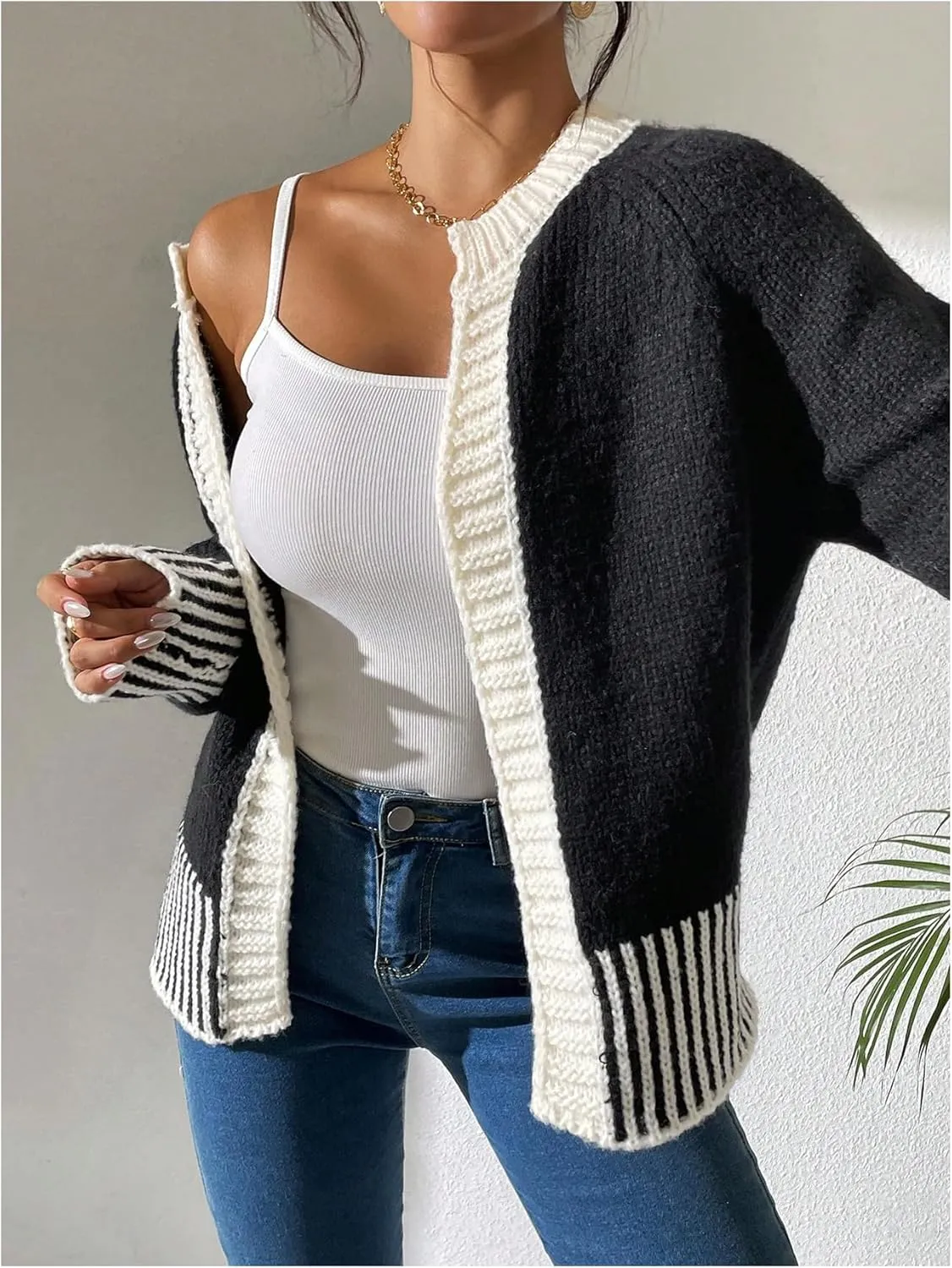 GORGLITTER Women's Color Block Cardigan Sweaters Open Front Long Sleeve Trendy Fall Cardigans
