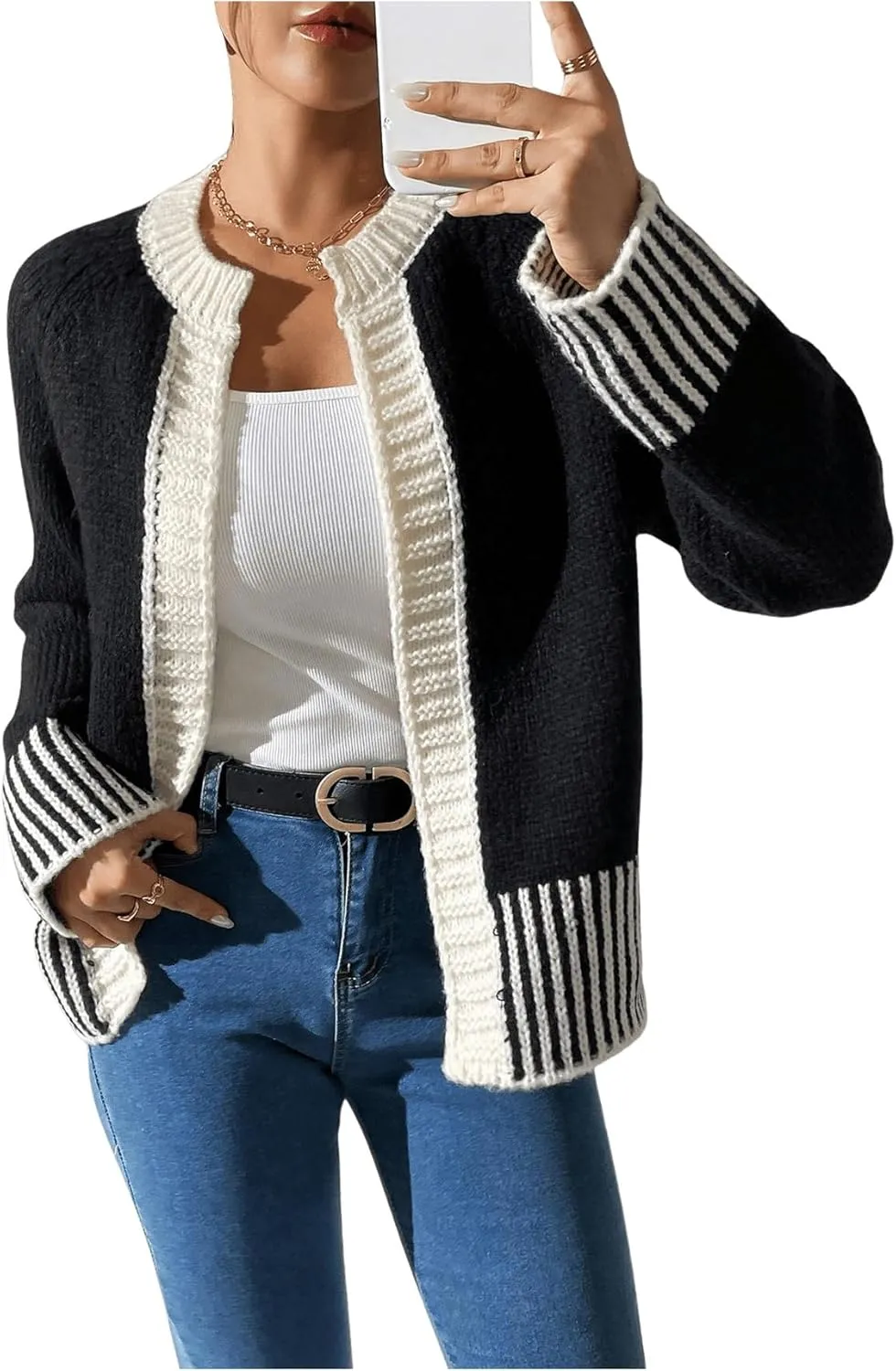 GORGLITTER Women's Color Block Cardigan Sweaters Open Front Long Sleeve Trendy Fall Cardigans