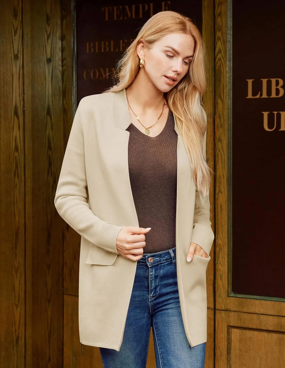 GRACE KARIN Women's 2025 Long Sleeve Knit Cardigan Coat Open Front Notch Collar Sweater Blazer Coatigan Jackets