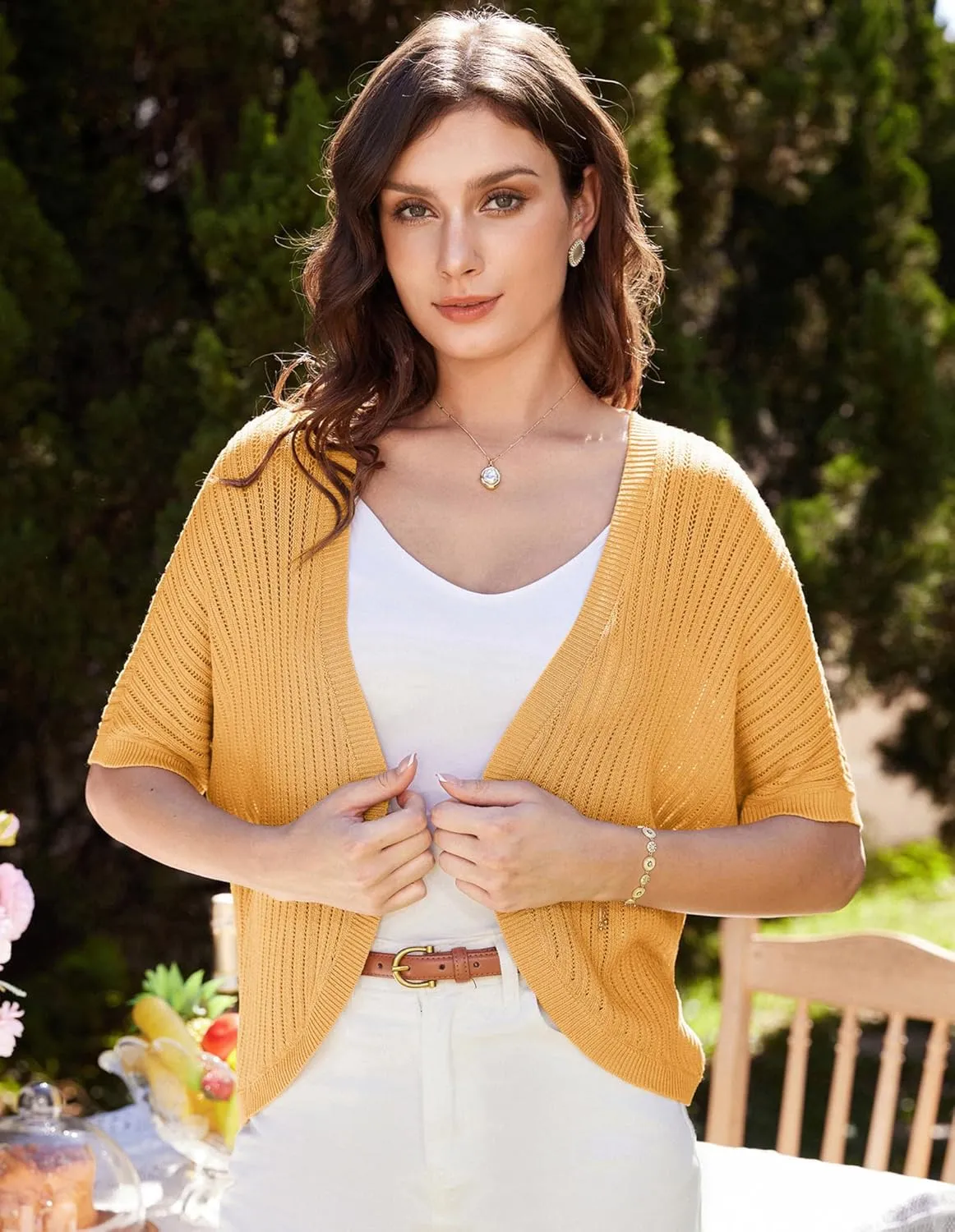 GRACE KARIN Women's Short Sleeve Shrug Sweaters Open Front Crochet Cardigan Lightweight Knit Bolero Jackets for Dresses