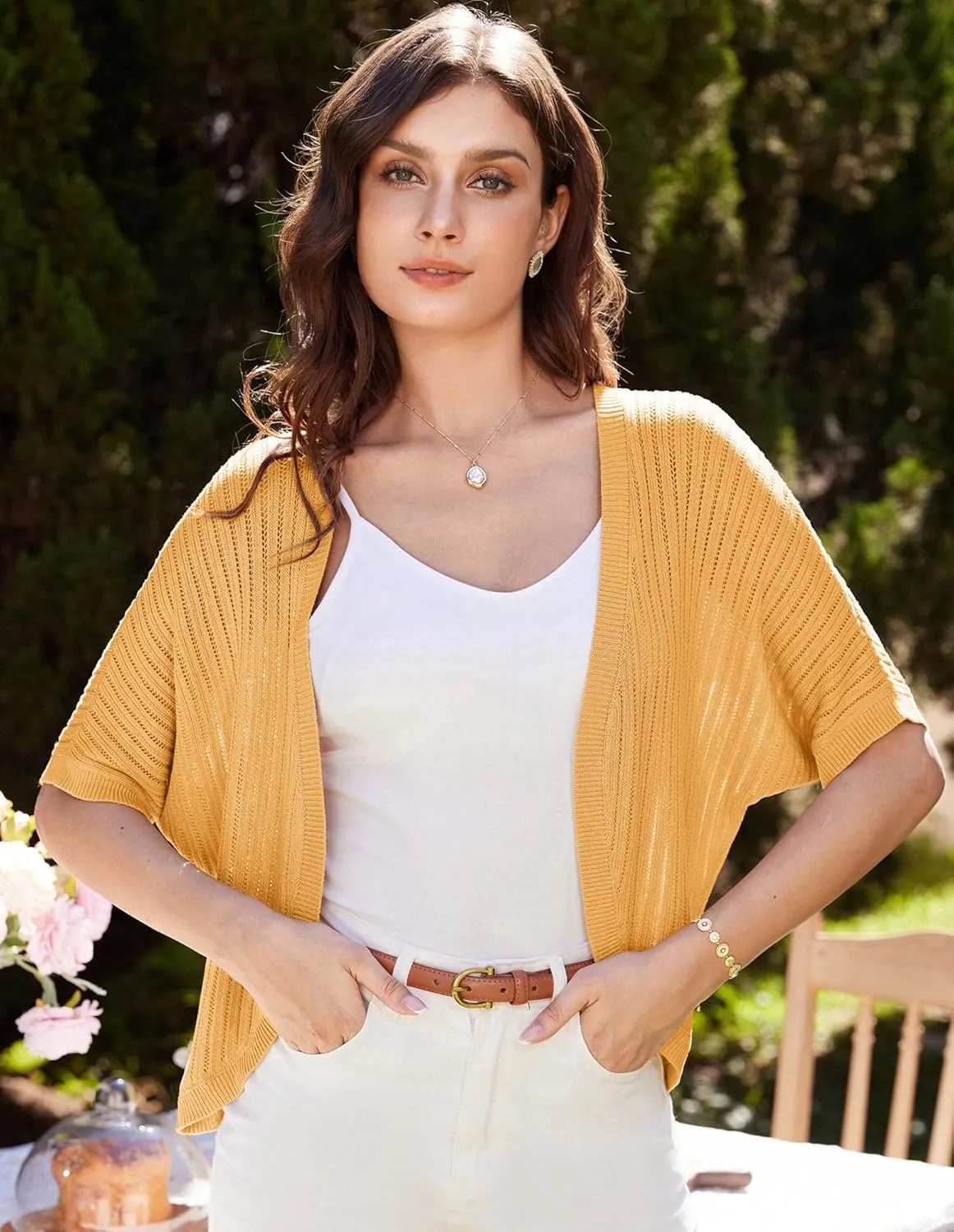 GRACE KARIN Women's Short Sleeve Shrug Sweaters Open Front Crochet Cardigan Lightweight Knit Bolero Jackets for Dresses
