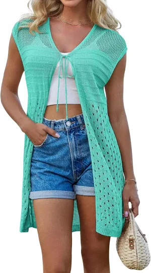 GRACE KARIN Womens Summer Sleeveless Cardigan Vest Lightweight Crochet Cardigan Casual Tie Front Beach Kimono Cardigans