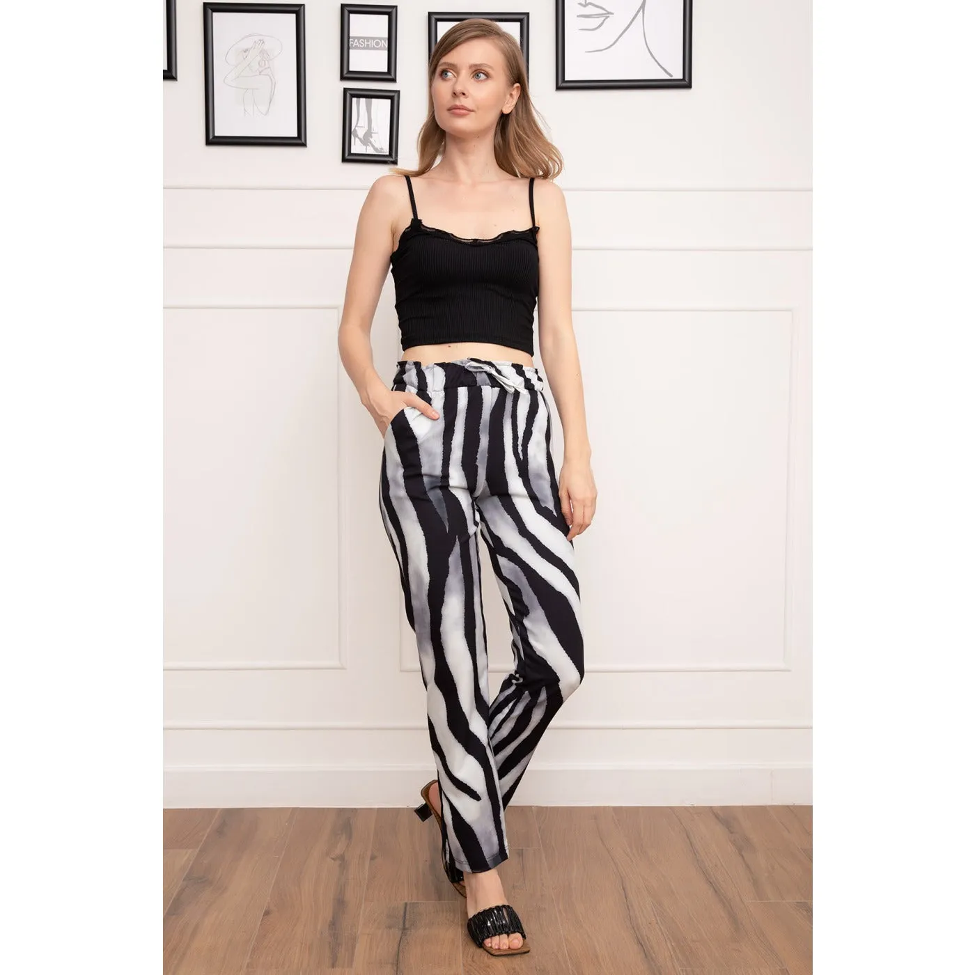 Grey Printed Waist Elastic Trousers