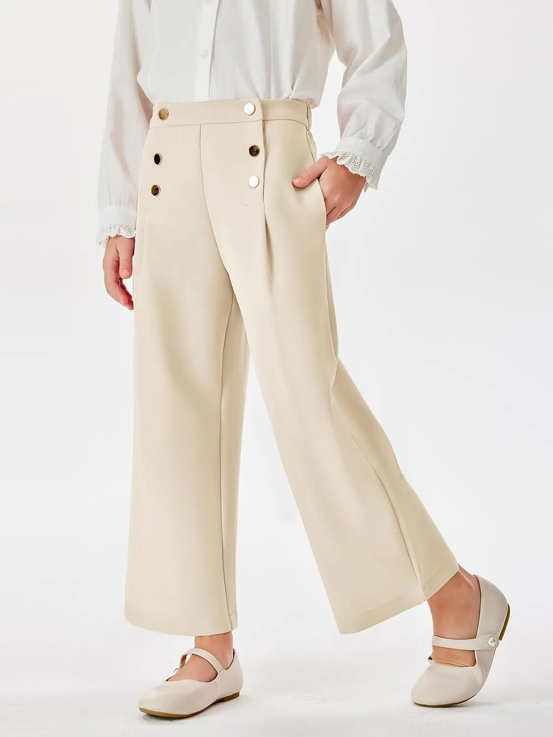 Haloumoning Girls Wide Leg Pants Kids Fashion Elastic Waist Front Button Trousers with Pockets 5-14 Years