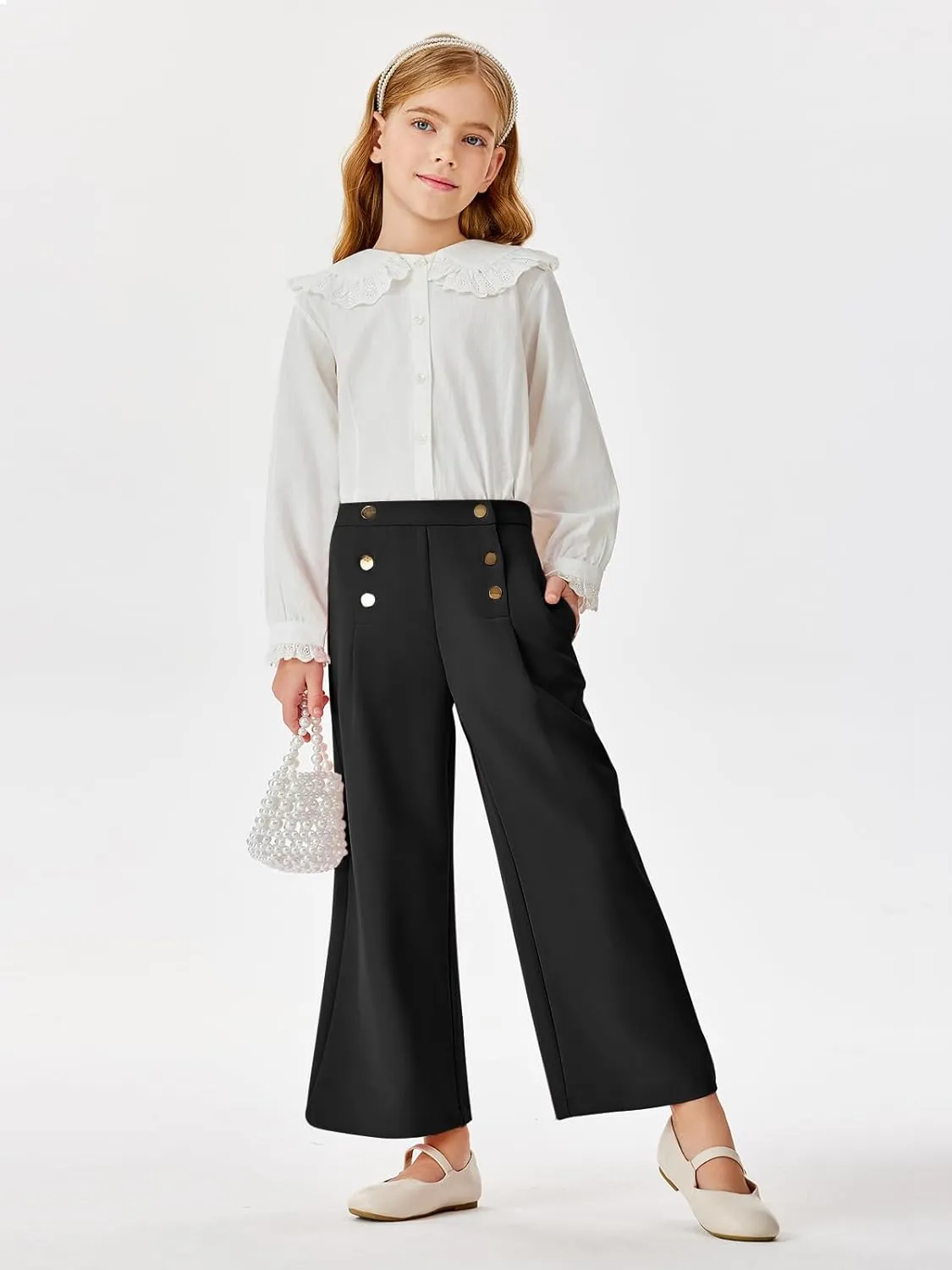 Haloumoning Girls Wide Leg Pants Kids Fashion Elastic Waist Front Button Trousers with Pockets 5-14 Years