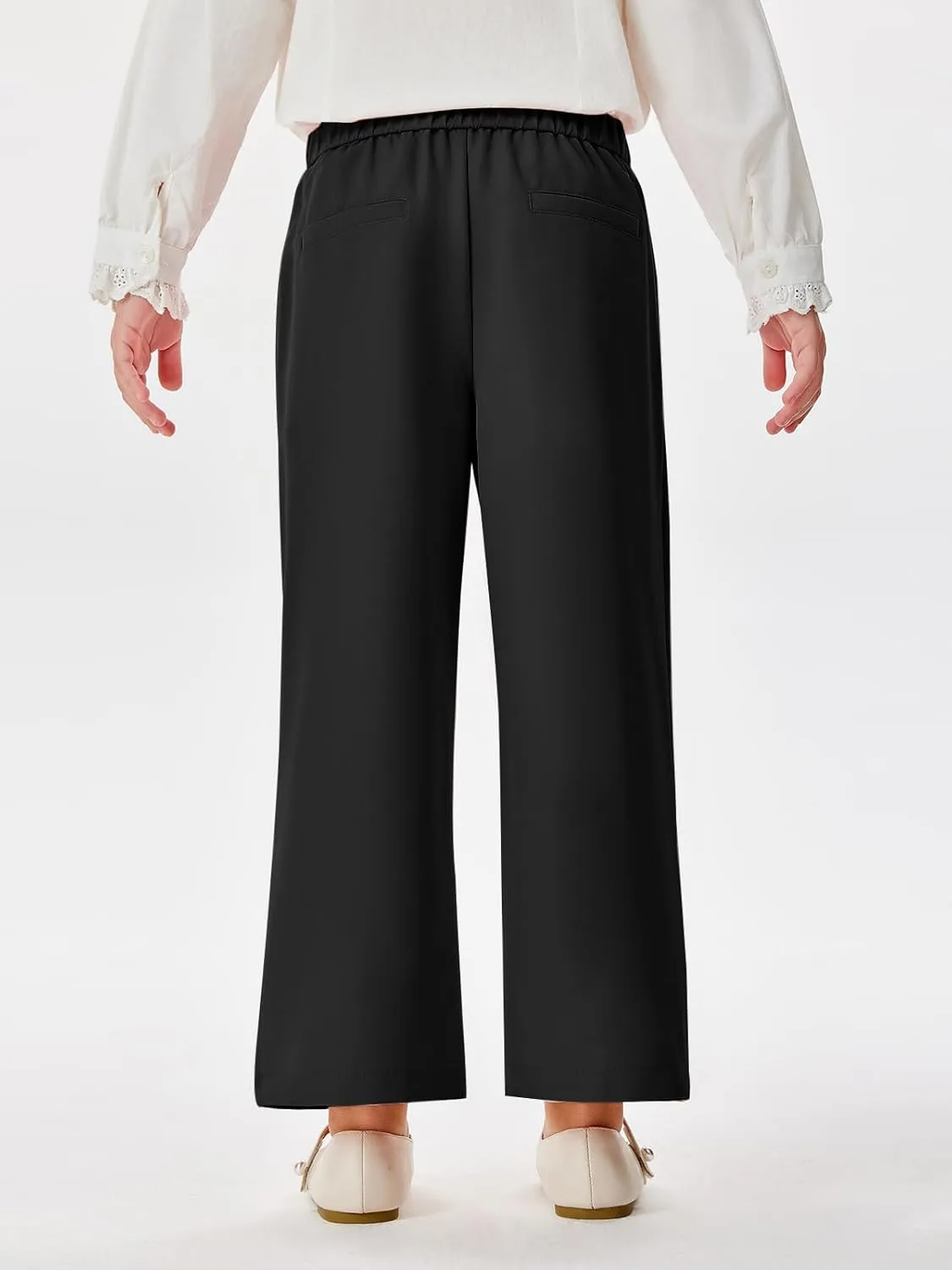 Haloumoning Girls Wide Leg Pants Kids Fashion Elastic Waist Front Button Trousers with Pockets 5-14 Years