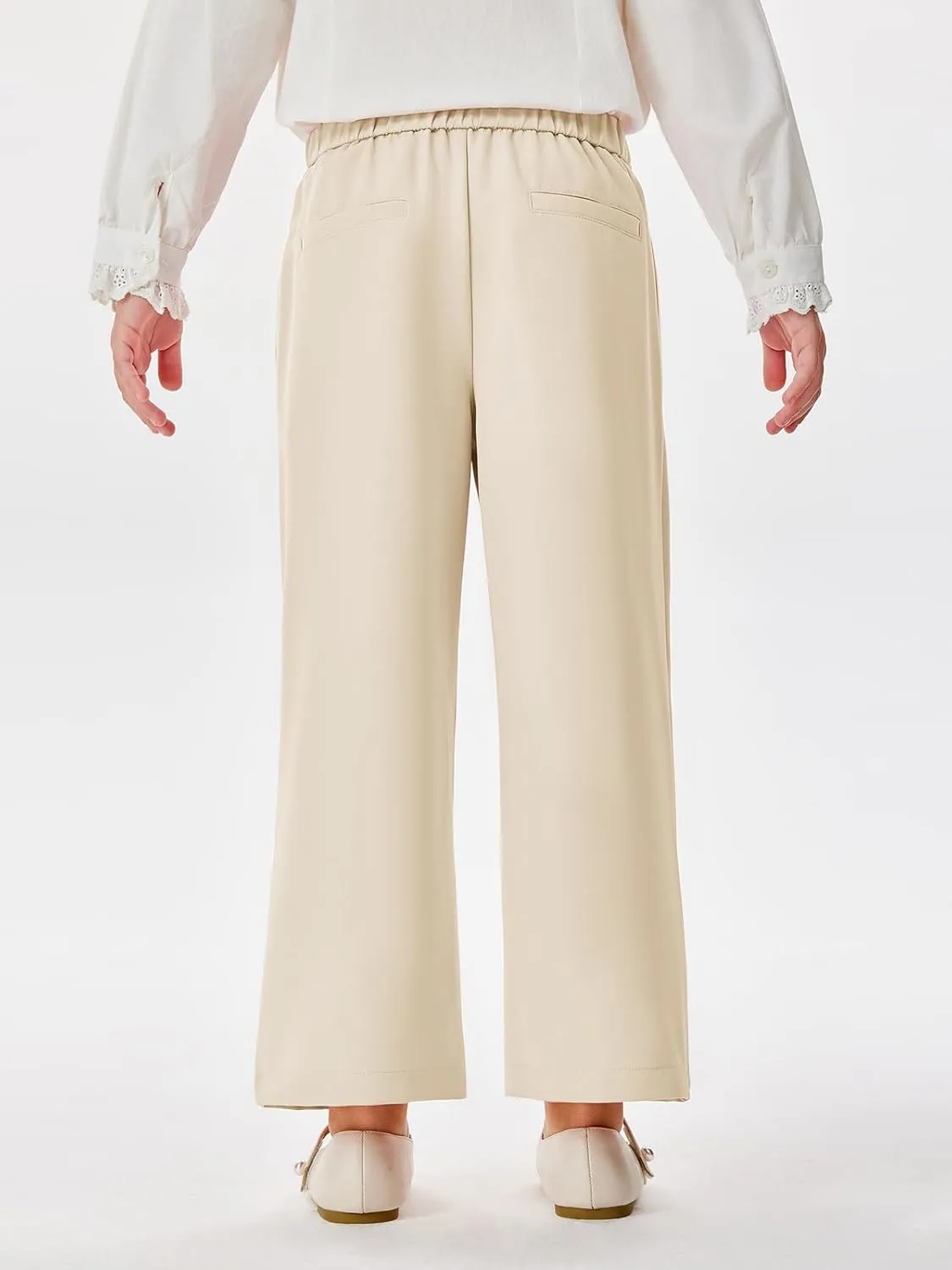 Haloumoning Girls Wide Leg Pants Kids Fashion Elastic Waist Front Button Trousers with Pockets 5-14 Years