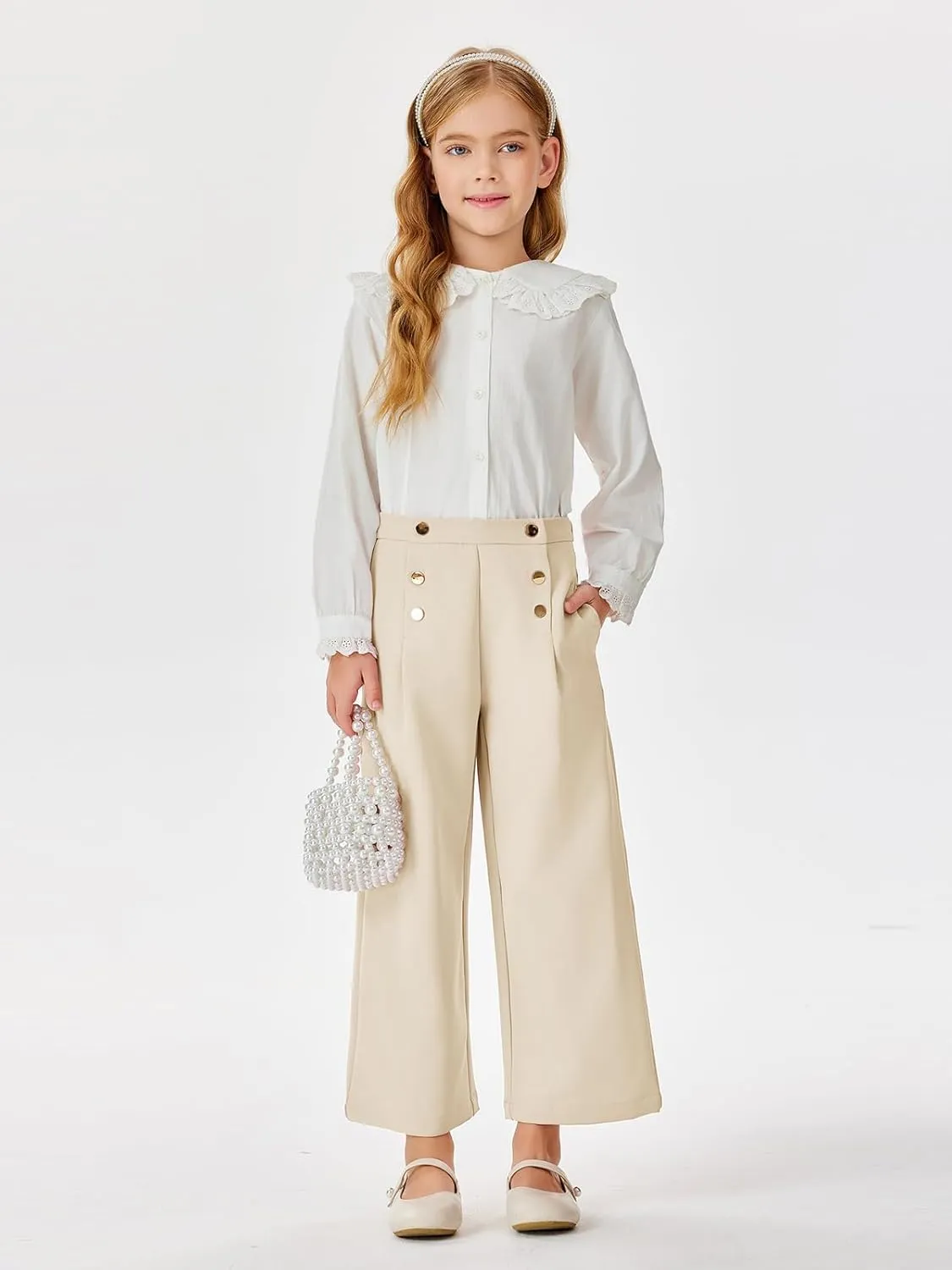 Haloumoning Girls Wide Leg Pants Kids Fashion Elastic Waist Front Button Trousers with Pockets 5-14 Years