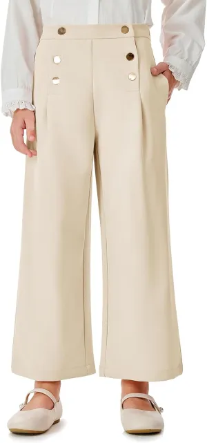 Haloumoning Girls Wide Leg Pants Kids Fashion Elastic Waist Front Button Trousers with Pockets 5-14 Years
