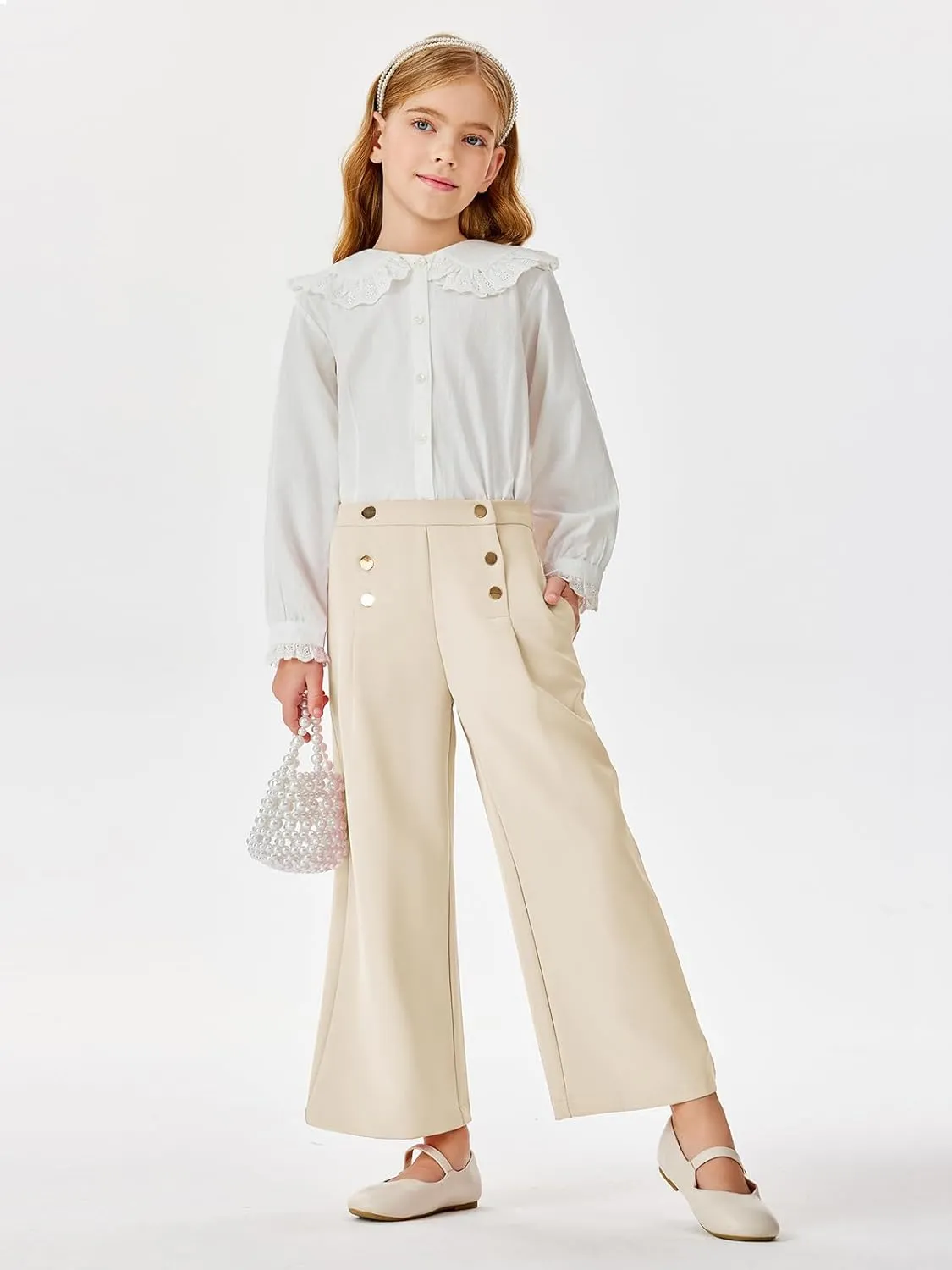 Haloumoning Girls Wide Leg Pants Kids Fashion Elastic Waist Front Button Trousers with Pockets 5-14 Years