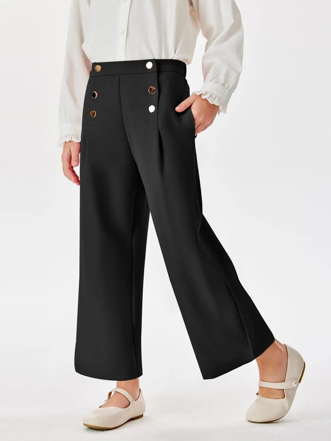 Haloumoning Girls Wide Leg Pants Kids Fashion Elastic Waist Front Button Trousers with Pockets 5-14 Years