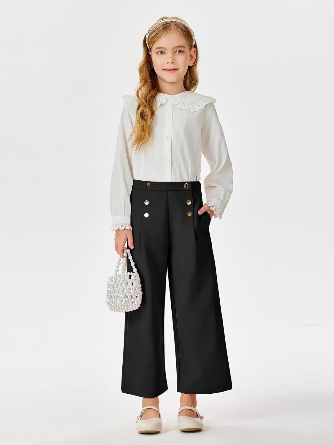 Haloumoning Girls Wide Leg Pants Kids Fashion Elastic Waist Front Button Trousers with Pockets 5-14 Years