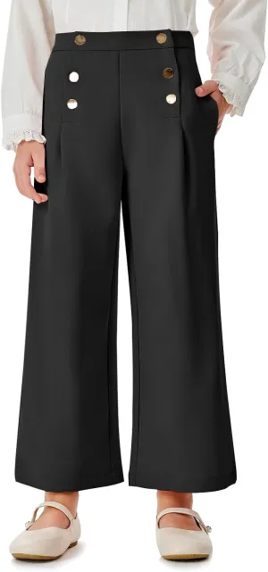 Haloumoning Girls Wide Leg Pants Kids Fashion Elastic Waist Front Button Trousers with Pockets 5-14 Years