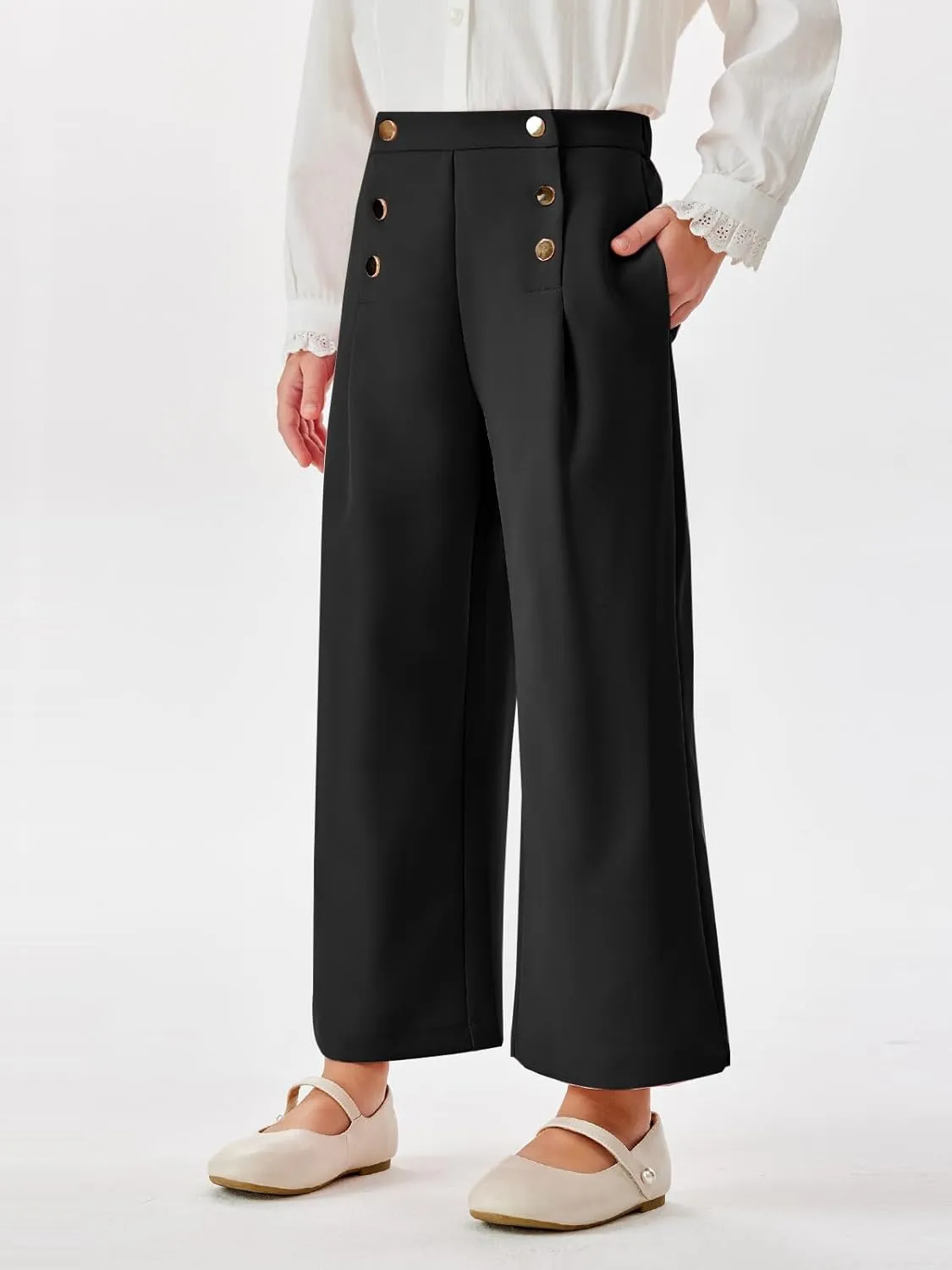 Haloumoning Girls Wide Leg Pants Kids Fashion Elastic Waist Front Button Trousers with Pockets 5-14 Years
