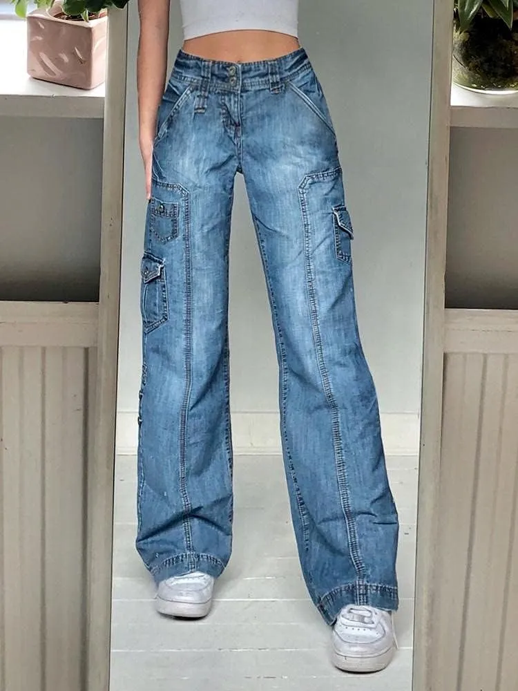 KMBANGI Women High Waist Baggy Jeans Wide Leg Straight Demin Cargo Pants Casual Loose Trousers Y2k Fashion Streetwear