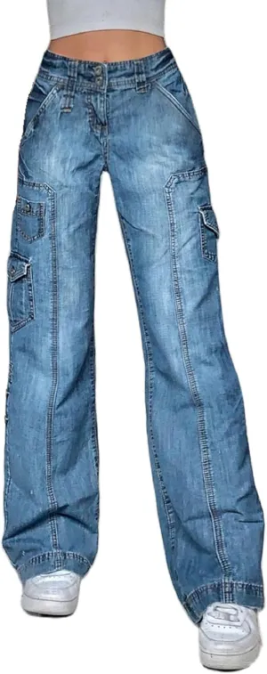 KMBANGI Women High Waist Baggy Jeans Wide Leg Straight Demin Cargo Pants Casual Loose Trousers Y2k Fashion Streetwear