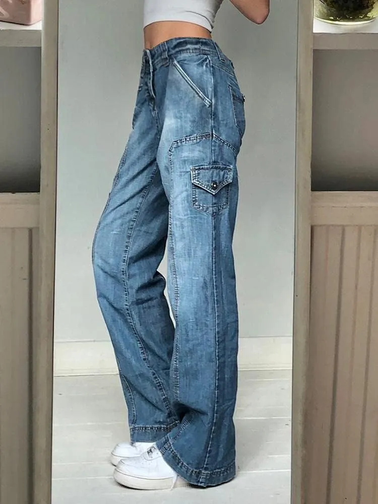 KMBANGI Women High Waist Baggy Jeans Wide Leg Straight Demin Cargo Pants Casual Loose Trousers Y2k Fashion Streetwear
