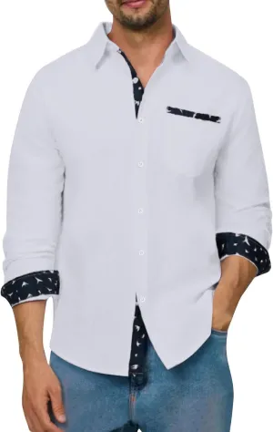 Long Sleeve Cotton Shirts for Men Button Down Mens Casual Untucked Stretch Wrinkle-Free Dress Shirt with Chest Pocket