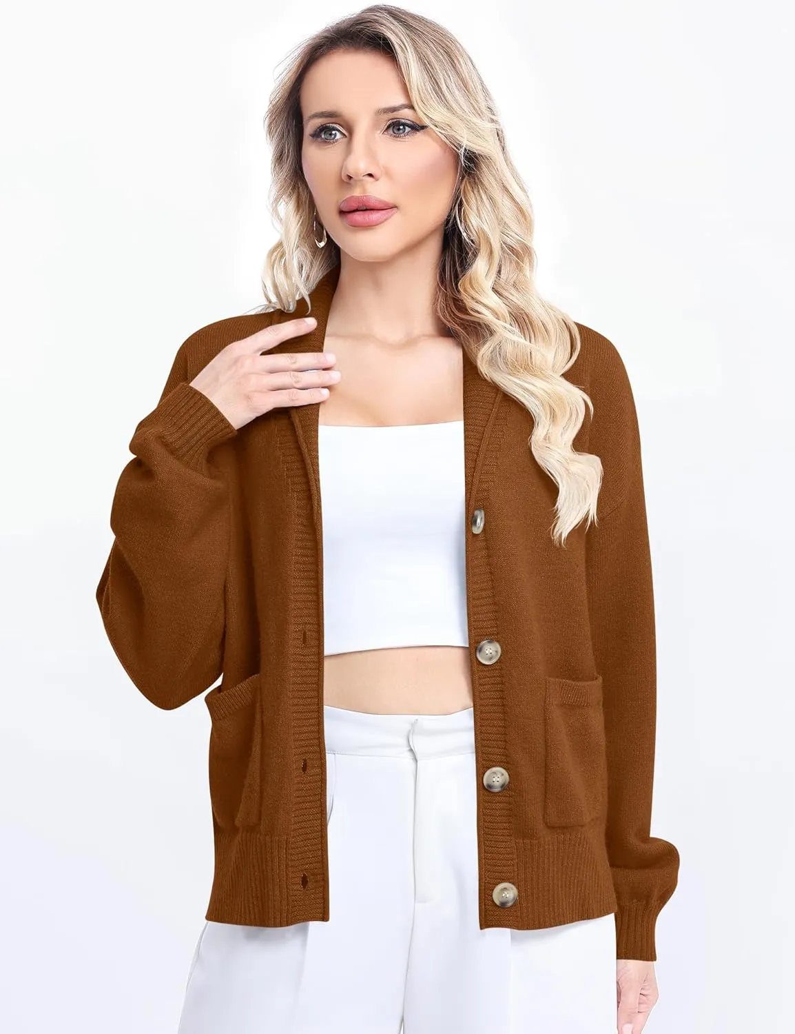 LUYAA Women's Cardigan Sweaters 2024 Oversized Open Front Button V Neck Lightweight Cardigans Outerwear
